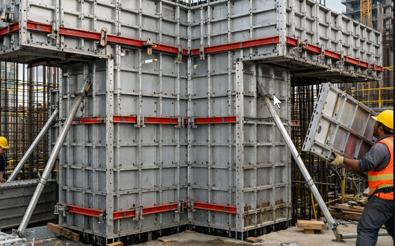 Modular alloy formwork system installed on complex shear wall structures for high-rise construction